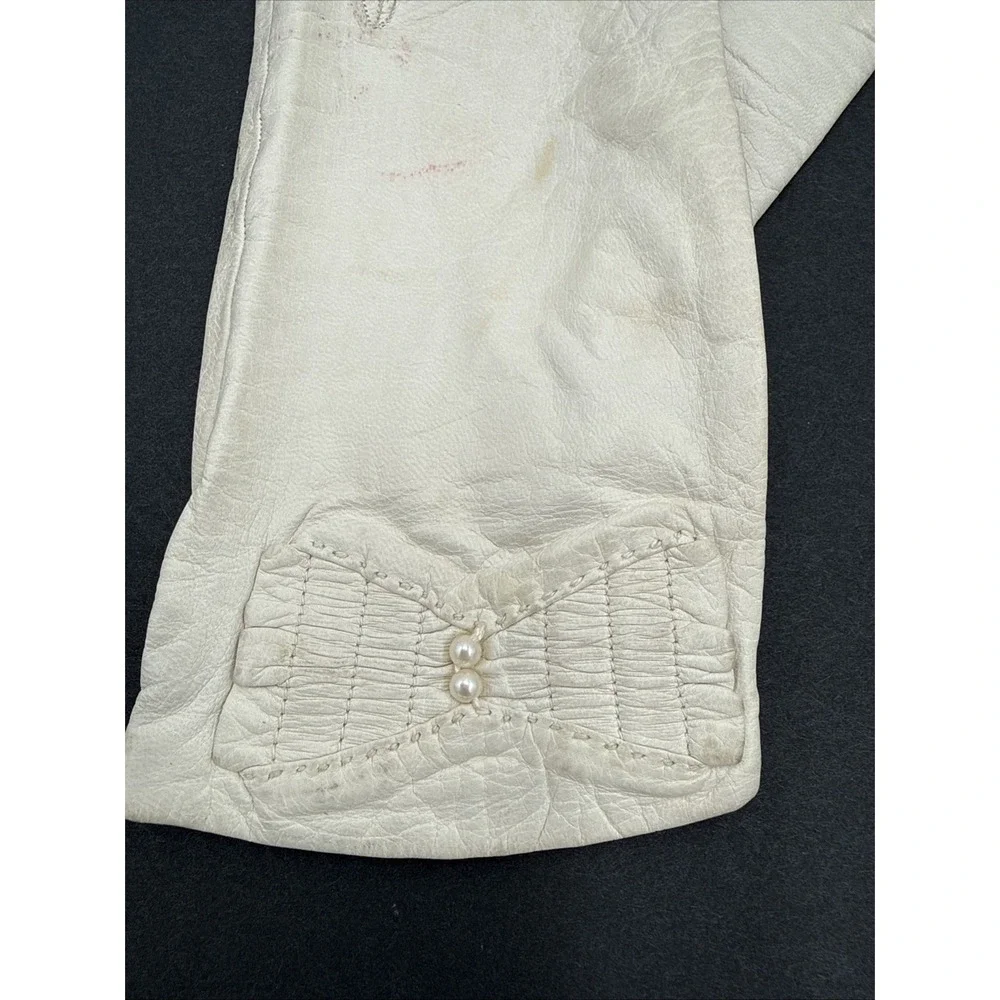 Vtg Lionel Le Grande Kidskin Leather White Wrist W/ Bow Gloves‎ Made In France